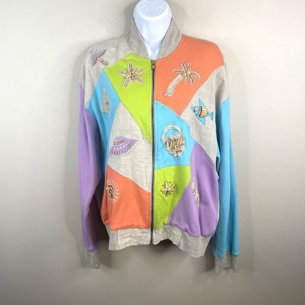 Vintage IB Diffusion Linen Bomber Jacket Large Zip 90s Cruise Vacation Hong Kong